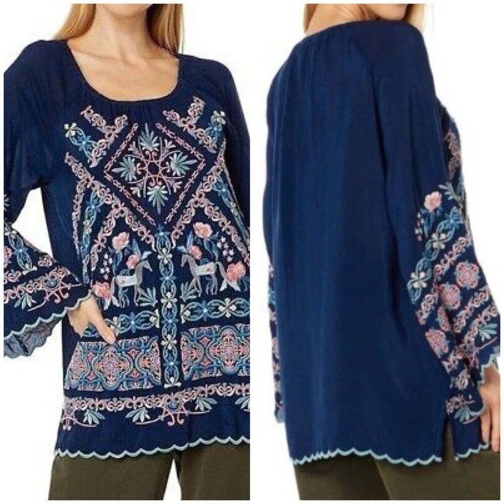 Johnny Was Lina Scalloped Embroidered Tunic Top Navy Long Sleeve Floral Size XXS